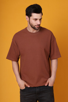 Flicky Fusion Self Design Men Round Neck Brown T-Shirt