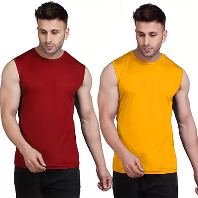 MR THINK Solid Men Round Neck Maroon, Yellow T-Shirt