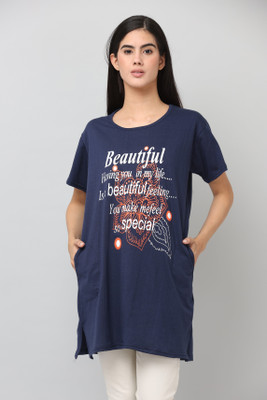Ddaspration Printed Women Round Neck Dark Blue T-Shirt