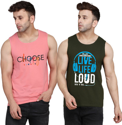 SLOWLORIS Printed Men Scoop Neck Dark Green, Pink T-Shirt