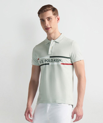 U.S. POLO ASSN. Typography, Striped Men Polo Neck Grey T-Shirt