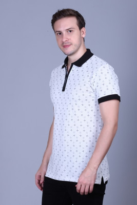 Pyro Spirit Geometric Print Men Polo Neck White T-Shirt