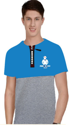 PRESTIGIOUS MAN Printed Men Round Neck Light Blue, Grey T-Shirt