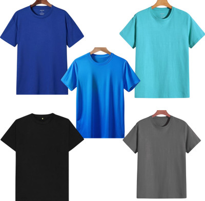 TTFE Solid Men Round Neck Black, Dark Blue, Grey, Blue, Light Blue T-Shirt