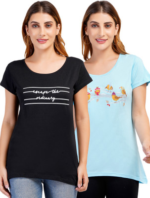 Romaisa Printed Women Round Neck Reversible Black, Light Blue T-Shirt