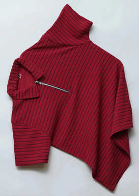 N AND J Striped Men Polo Neck Maroon T-Shirt