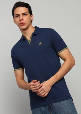 BEING HUMAN Solid Men Polo Neck Navy Blue T-Shirt