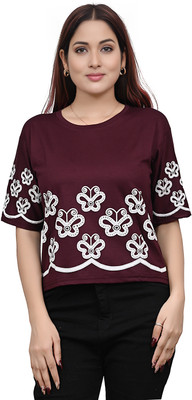 Yunic29 Casual Embroidered Women Maroon Top
