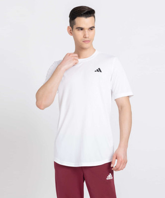 ADIDAS Striped Men Round Neck White T-Shirt