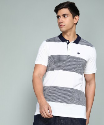 WROGN Striped Men Polo Neck White T-Shirt