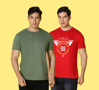 WOOSTRO Typography, Solid Men Round Neck Green, Red T-Shirt