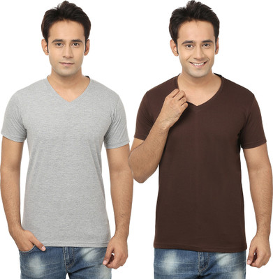 Tresna Trending Self Design, Solid Men V Neck Brown, Grey T-Shirt