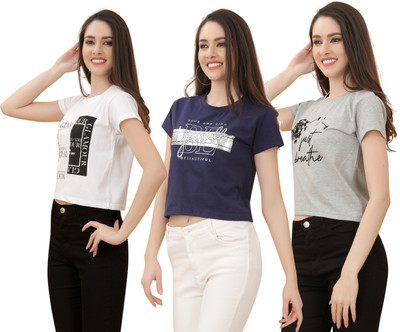 Rareleaf Printed Women Round Neck White, Grey T-Shirt