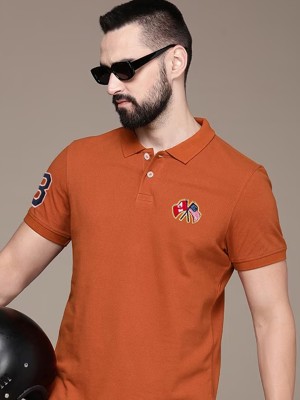 Merriment Solid Men Polo Neck Orange T-Shirt