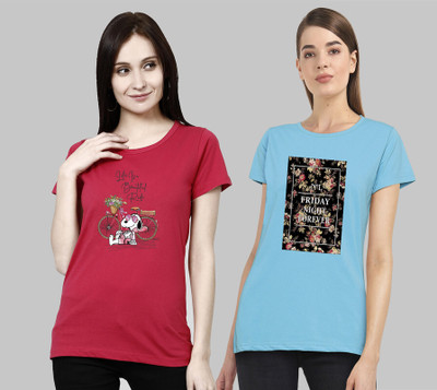 CHOZI Printed Women Round Neck Pink, Light Blue T-Shirt