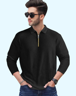 TEMUK Self Design Men Zip Neck Black T-Shirt