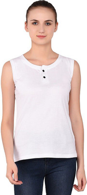 Trendfull Solid Women Henley Neck White T-Shirt