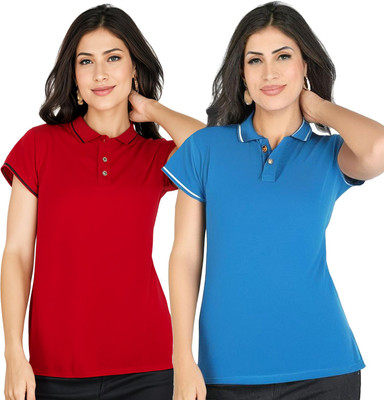 SHAUN Solid Women Polo Neck Multicolor T-Shirt