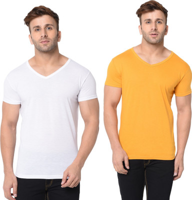 Tresna Trending Solid Men V Neck White, Yellow T-Shirt