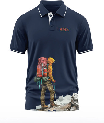 Warriorworld Typography, Printed Men Polo Neck Navy Blue T-Shirt