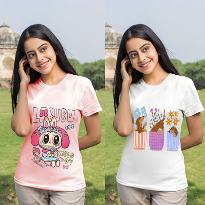 Kintu Parantu Cartoon Women Round Neck Pink T-Shirt