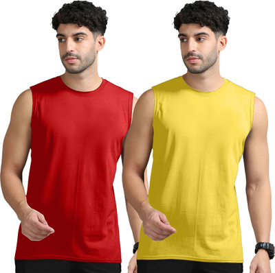 Adorbs Solid Men Round Neck Red, Yellow T-Shirt