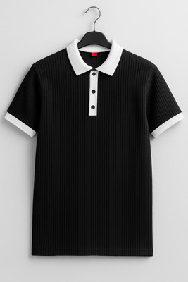 Try This Striped Men Polo Neck Silver T-Shirt