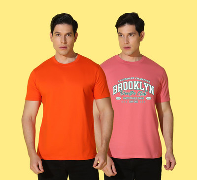 WOOSTRO Printed Men Round Neck Orange, Pink T-Shirt