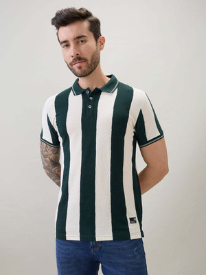 Status Quo Striped Men Polo Neck Green, White T-Shirt