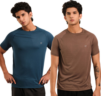 Sirtex Eazy Solid Men Round Neck Blue, Brown T-Shirt
