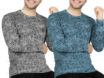 AVOLT Printed Men Round Neck Yellow, Light Blue T-Shirt