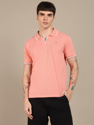 Dennis Lingo Solid Men Polo Neck Pink T-Shirt