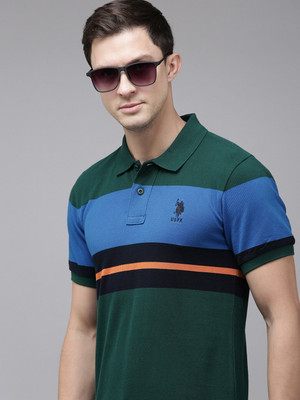 U.S. POLO ASSN. Striped Men Polo Neck Green T-Shirt