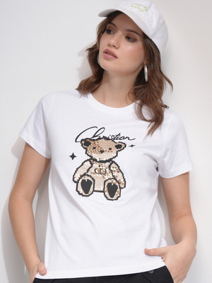 Tokyo Talkies Self Design Women Round Neck White T-Shirt