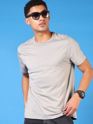 V-MART Solid Men Round Neck Grey T-Shirt