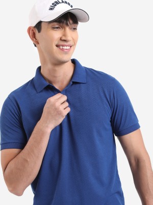 HIGHLANDER Solid Men Polo Neck Dark Blue T-Shirt