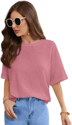 SriSaras Solid Women Round Neck Pink T-Shirt