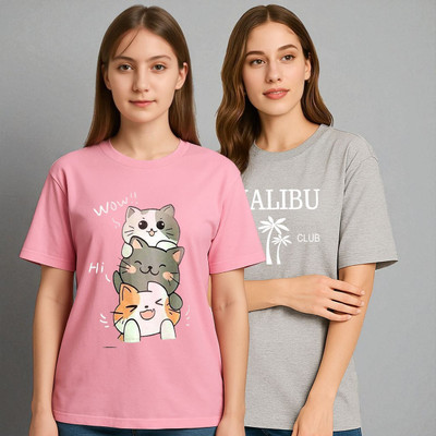 Elvia Printed Women Round Neck Pink, Grey T-Shirt