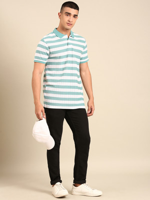 PROVOGUE Striped Men Polo Neck Light Green, White T-Shirt