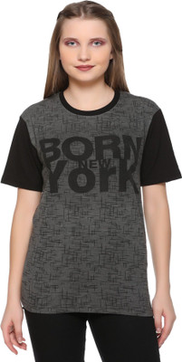 SHAUN Self Design Women Round Neck Black T-Shirt