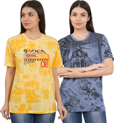 SHAUN Printed Women Round Neck Multicolor T-Shirt