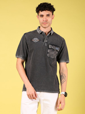 V-MART Tie & Dye Men Polo Neck Grey T-Shirt