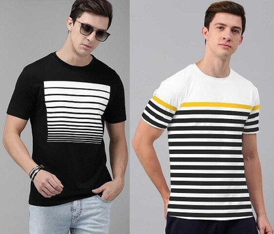 THUNDER PLANET Striped Men Round Neck Yellow T-Shirt
