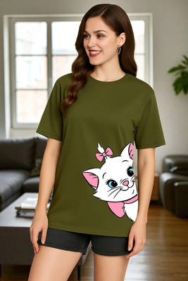 Elvia Printed Women Round Neck Green T-Shirt