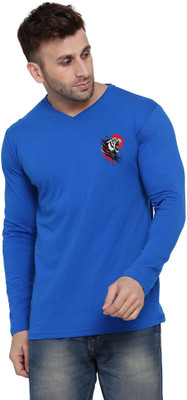 Money Leaf Solid Men V Neck Blue T-Shirt