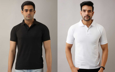 Silver Swan Solid Men Polo Neck Black, White T-Shirt