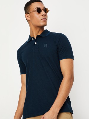 MAX Solid Men Polo Neck Blue T-Shirt