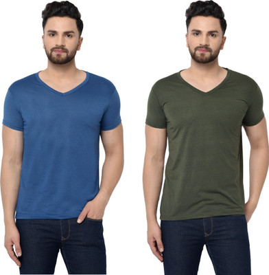 Tresna Trending Solid Men V Neck Dark Blue, Dark Green T-Shirt