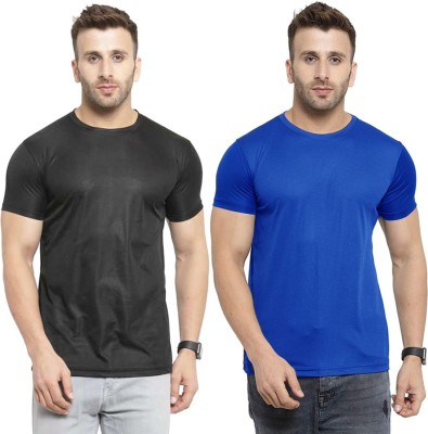 U Too Solid Men Round Neck Black, Blue T-Shirt