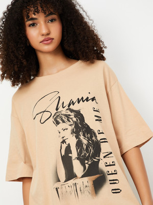 MAX Printed Women Round Neck Beige T-Shirt